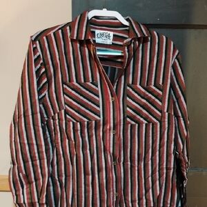 Chic Striped Button-Down Shirt - Red, Black, White